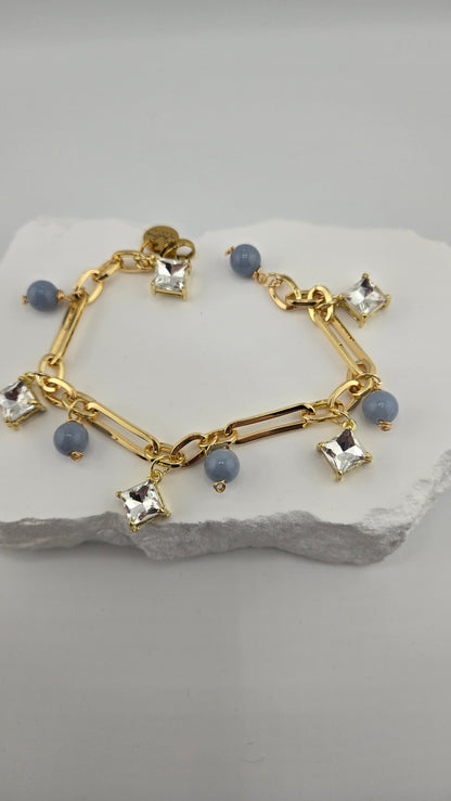 Heaven Blue Bracelet with sky-blue angelite beads, zircon accents and gold-plated details, view 2