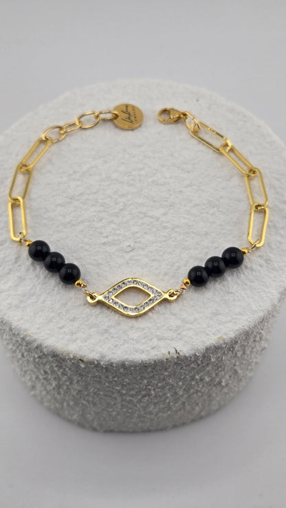 Obsidian Guardian Bracelet with black obsidian beads, evil eye centerpiece and gold-plated details, view 2