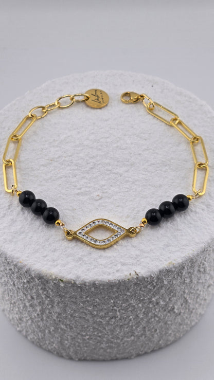Obsidian Guardian Bracelet with black obsidian beads, evil eye centerpiece and gold-plated details, view 3