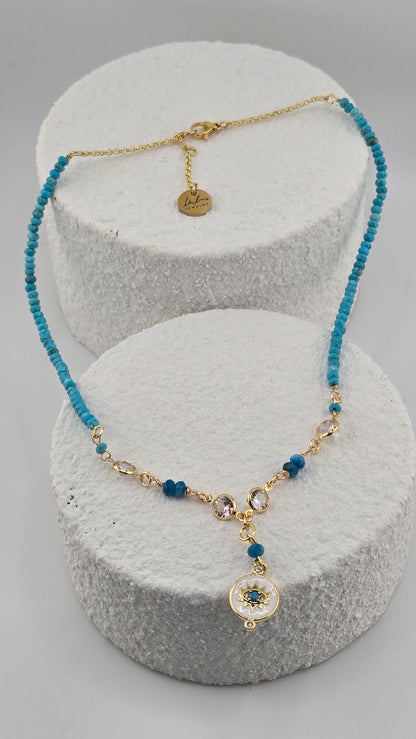 Blue Harmony Necklace with apatite and magnesite gemstones, zircon accents and gold-tone details, view 3