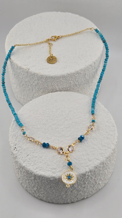 Blue Harmony Necklace with apatite and magnesite gemstones, zircon accents and gold-tone details, view 4