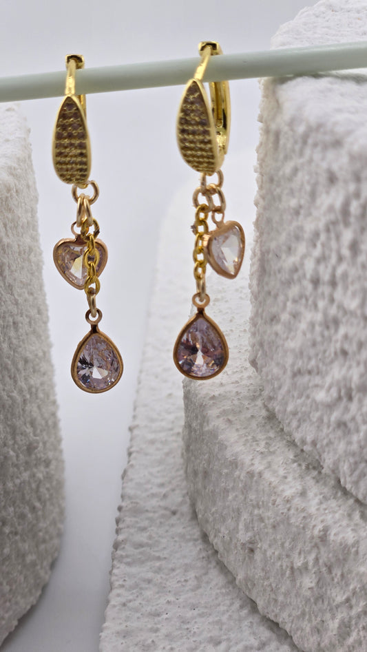 Crystal Heart Drop Earrings with heart-shaped crystals and teardrop zircon charms, view 2