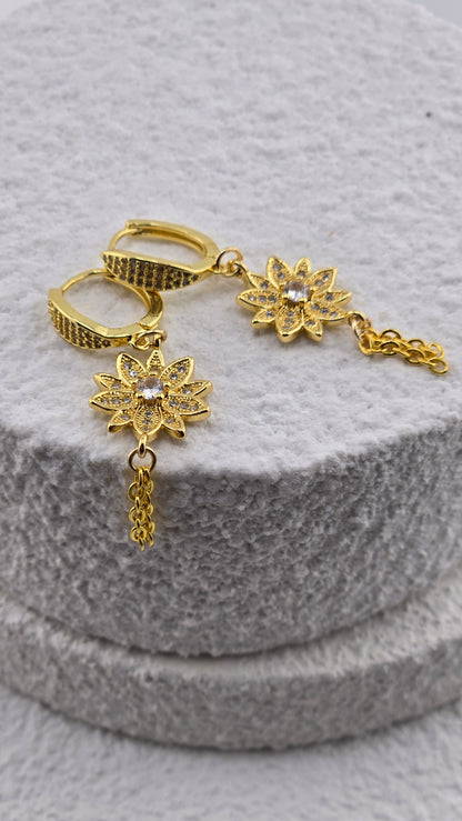 Sun Blossom Earrings with gold-tone flowers, zircon stones and cascading chains