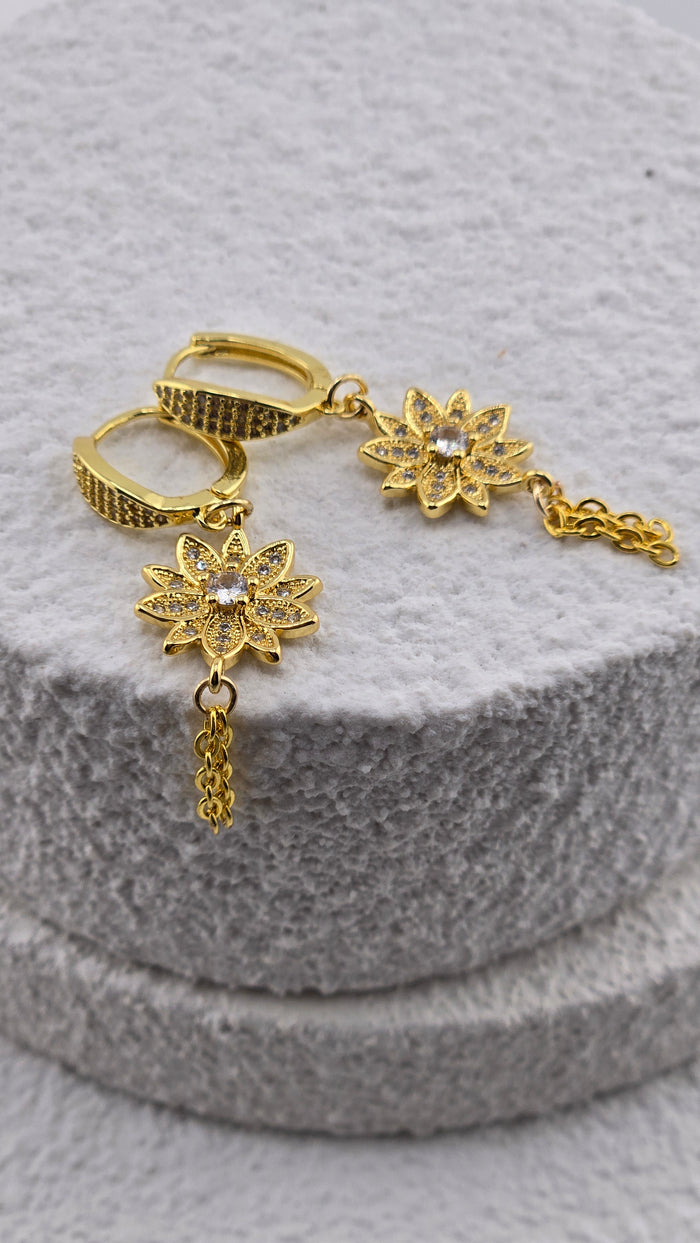 Sun Blossom Earrings with gold-tone flowers, zircon stones and cascading chains