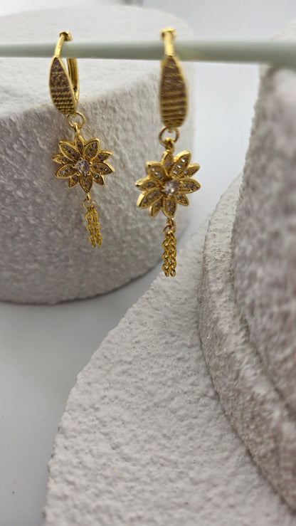 Sun Blossom Earrings with gold-tone flowers, zircon stones and cascading chains, view 4