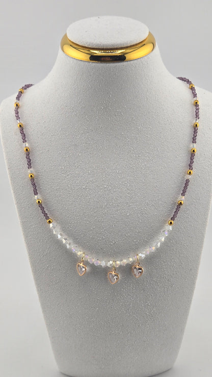 Lavender Love Necklace with lavender crystal beads and three heart-shaped zircon charms, view 3