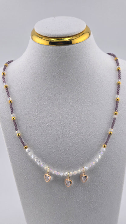 Lavender Love Necklace with lavender crystal beads and three heart-shaped zircon charms, view 2