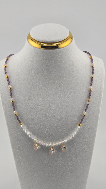 Lavender Love Necklace with lavender crystal beads and three heart-shaped zircon charms