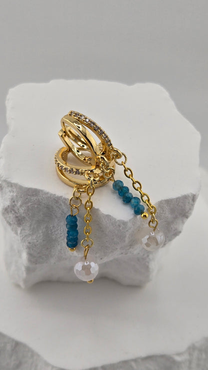 Ocean Glow Earrings with blue apatite beads, pearl drops and gold-tone chains, view 3
