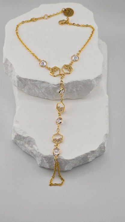 Honeycomb Crystal Hand Chain with gold-tone hexagonal details and clear stones, view 2