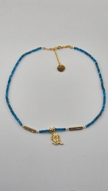 Ocean Bloom Apatite Necklace with blue apatite gemstones and a sunflower charm, view 3