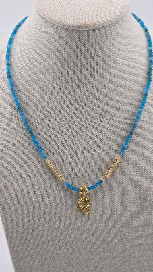 Ocean Bloom Apatite Necklace with blue apatite gemstones and a sunflower charm, view 2