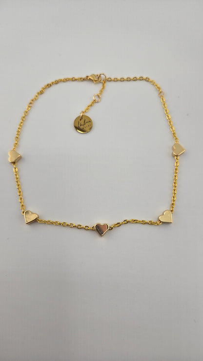 Golden Love Anklet with five polished hearts on a fine gold-tone chain, view 2