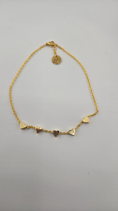 Sweetheart Anklet with five polished heart charms on a fine gold-tone chain, view 2