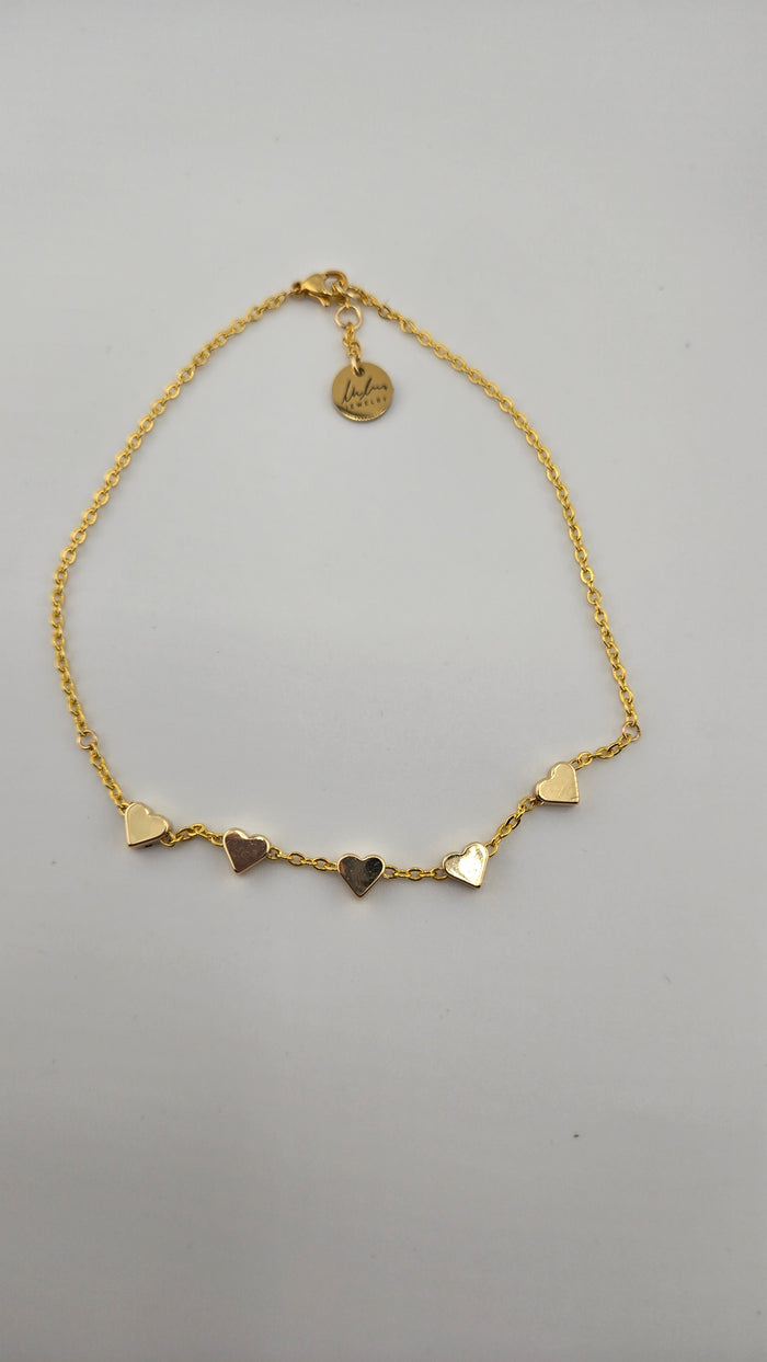 Sweetheart Anklet with five polished heart charms on a fine gold-tone chain