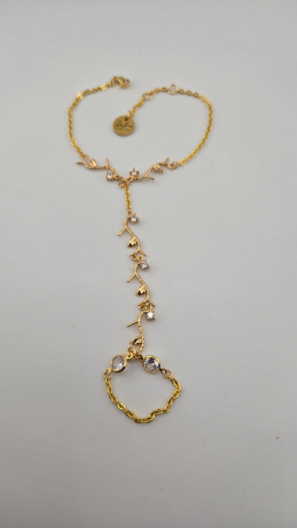 Golden Garden Hand Chain with gold-tone vine branches and sparkling stones