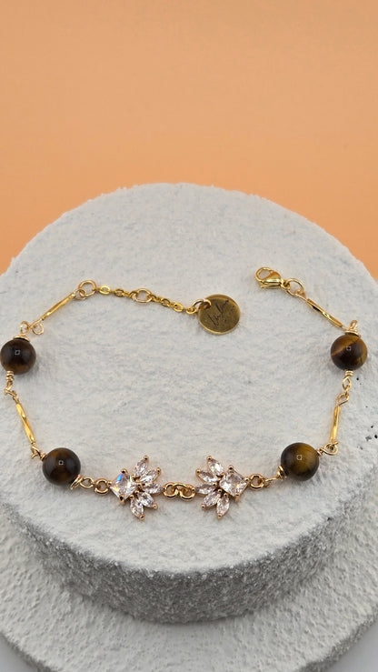 Earth & Crystal Bracelet with tiger eye beads and floral crystal details
