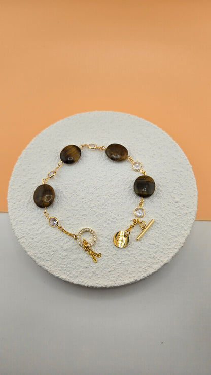 Tiger Eye Luxe Bracelet with brown tiger eye beads and dangling gold-tone charms, view 3