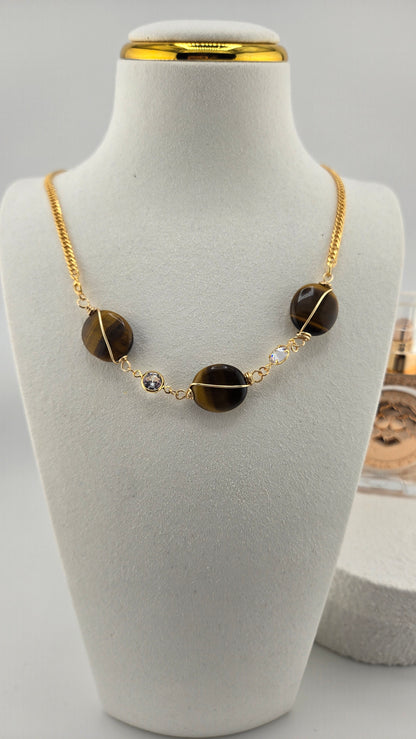 Golden Earth Necklace with brown tiger eye gemstones and clear accents on a gold-tone chain