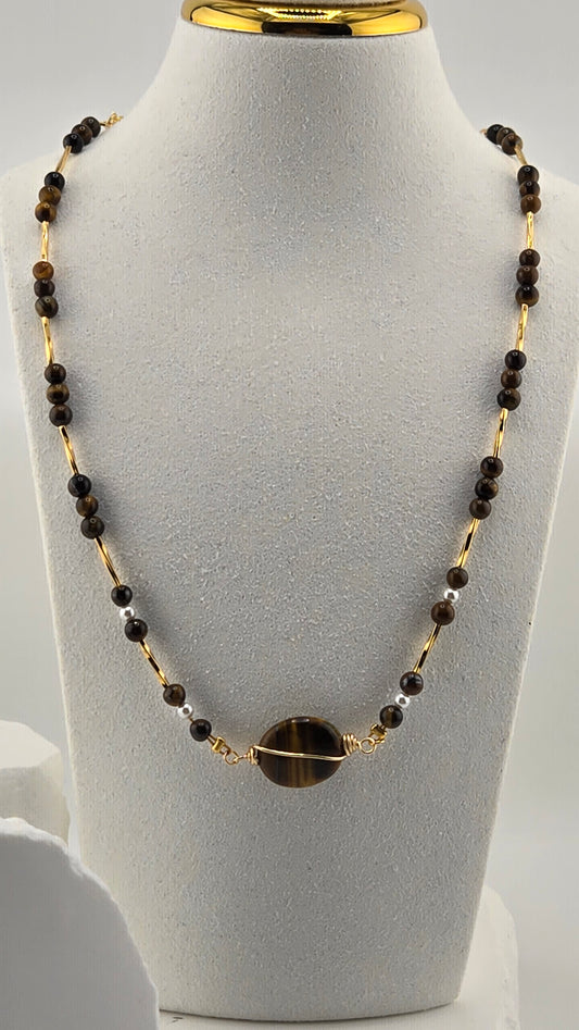Earth & Gold Tiger's Eye Necklace with a wire-wrapped tiger's eye centerpiece