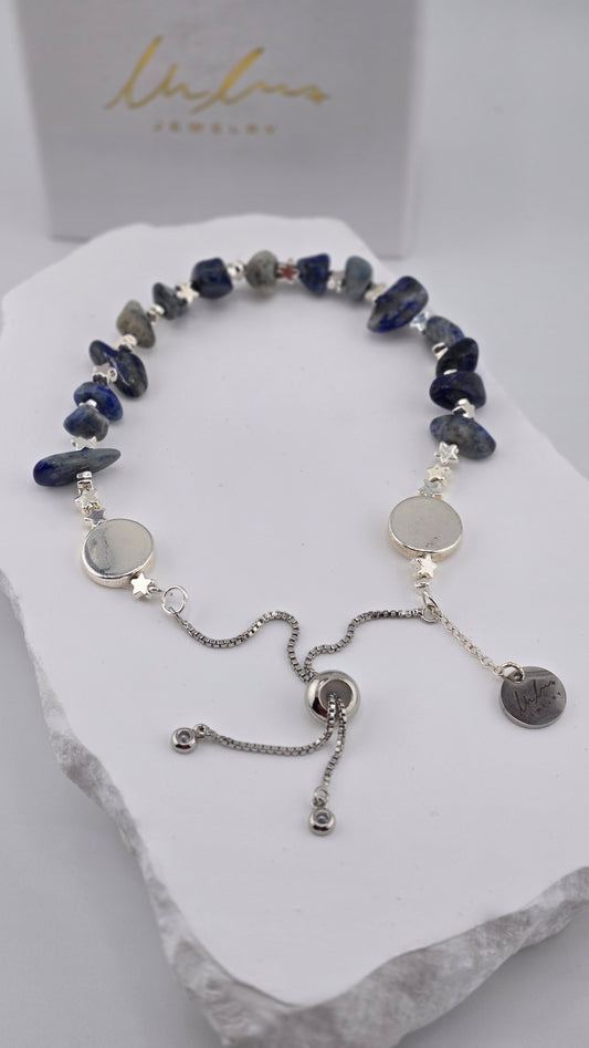 Natural Stone Star Bracelet with blue and gray stones and silver-tone stars, view 2