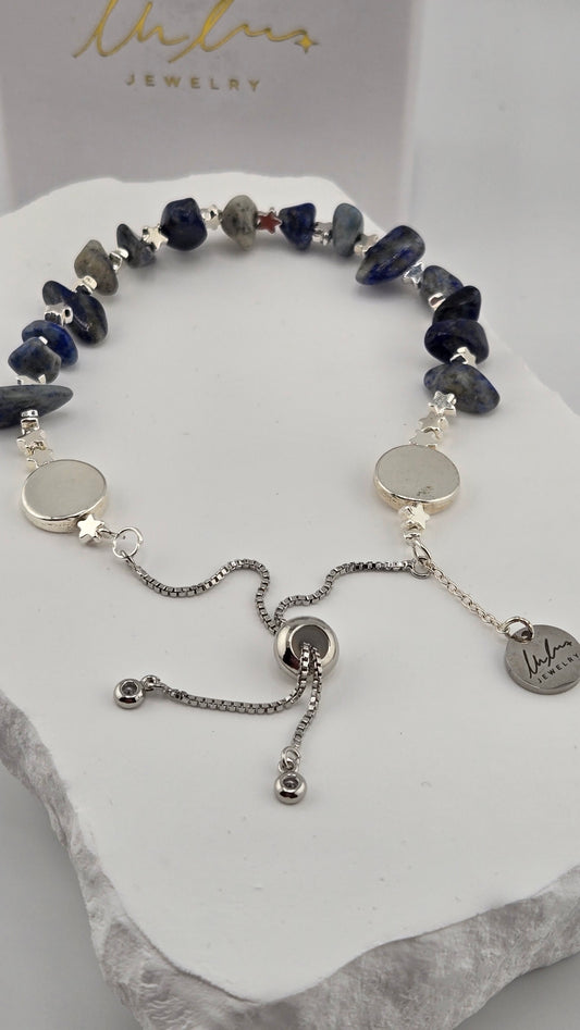 Natural Stone Star Bracelet with blue and gray stones and silver-tone stars
