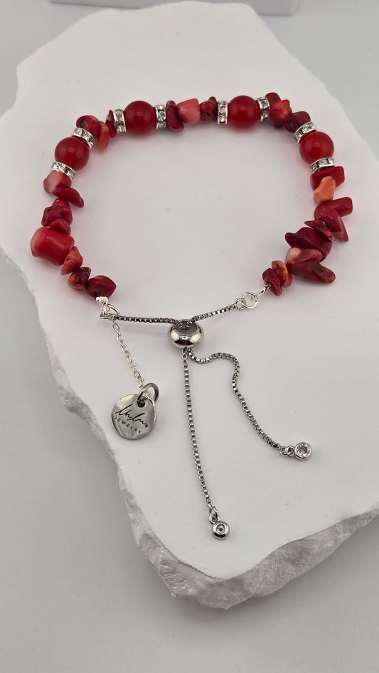 Red Coral Glow Bracelet with red coral and red jade beads and silver-tone details