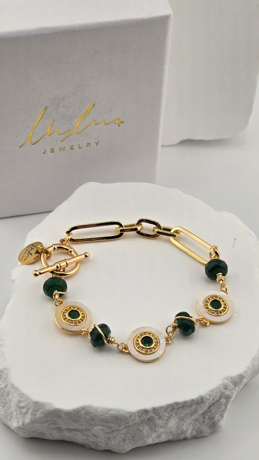 Verde Elegance Green Jade Bracelet with green jade stones and gold-tone details, view 2