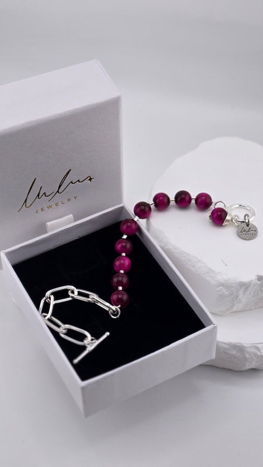 Berry Glow Tiger's Eye Bracelet with fuchsia tiger's eye beads, sterling silver spacers and silver-plated paperclip chain, view 2