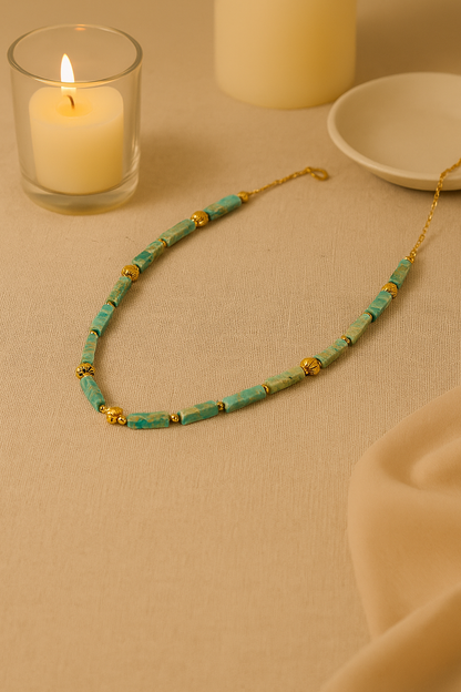 Ocean Whisper Necklace of turquoise-blue rectangular beads with gold-tone spacers, view 2