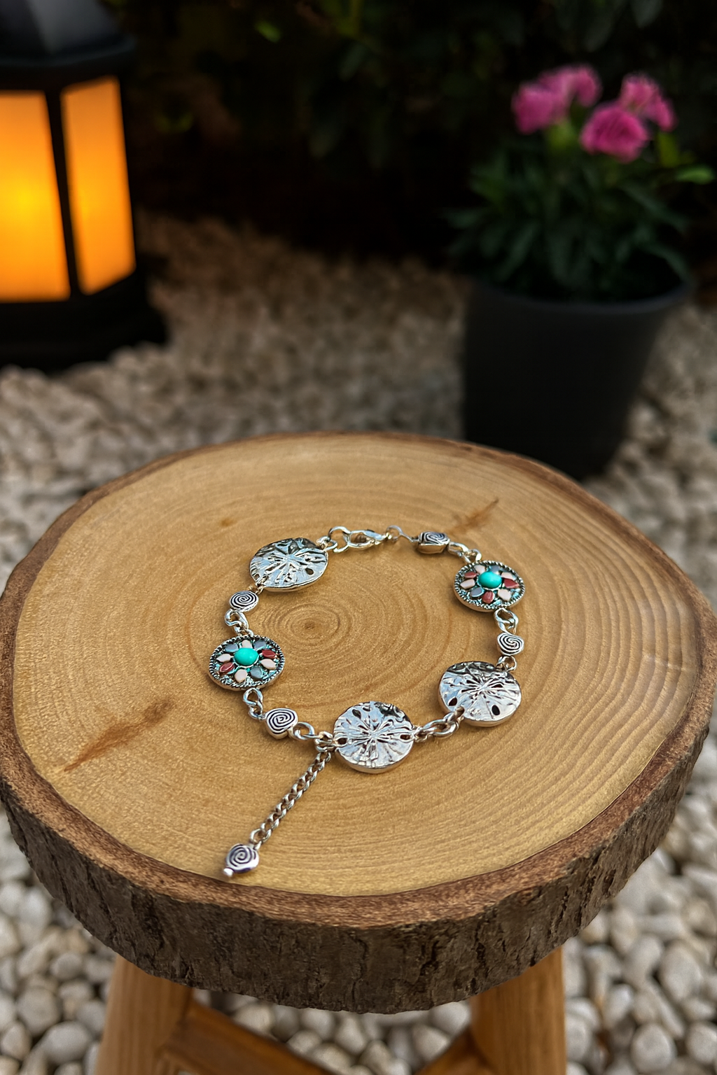 LuluTouch Nature-Inspired Silver & Turquoise Bracelet on a white background