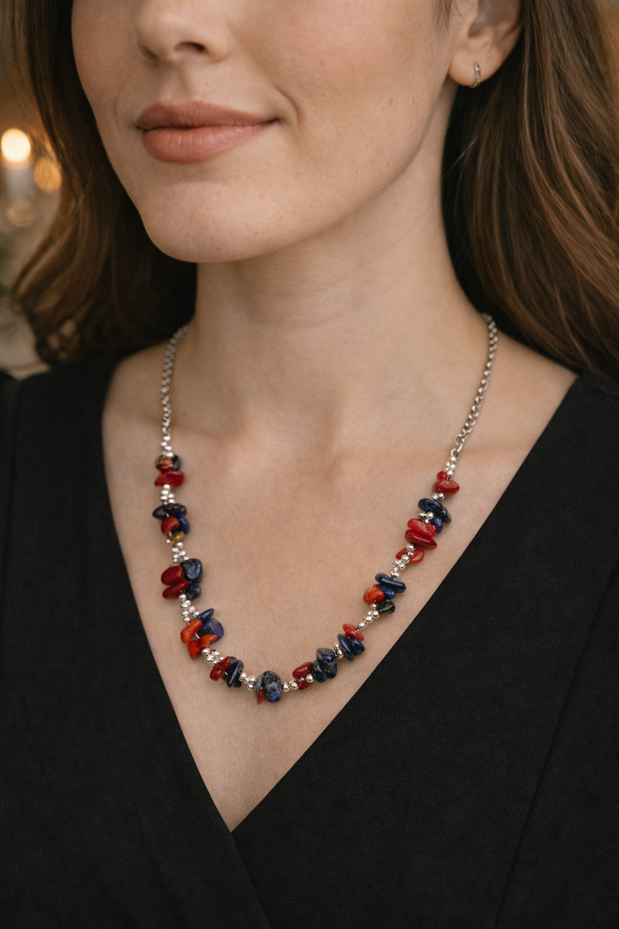 Midnight Stone Necklace with red and dark blue chip stones on a silver-tone chain