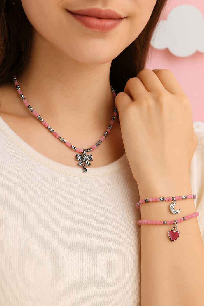 Pink Charm Duo Set necklace and bracelet with pink crystal beads and bow, heart and moon charms