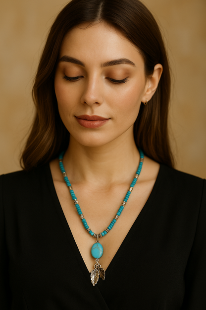 Turquoise Queen Necklace with turquoise, silver accents and leaf charms
