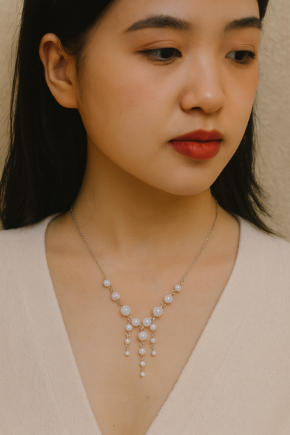 White Bead Grace Necklace with white beads, view 2