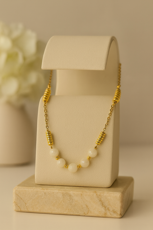 Golden Harmony Set gold-tone necklace and bracelet with white round beads, view 2