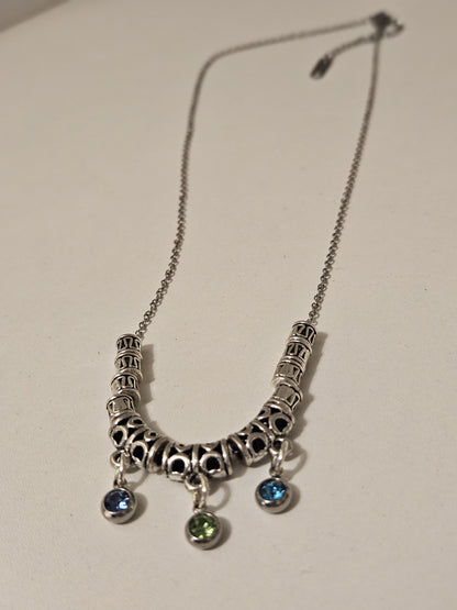 Drops of Dawn Blue Accent Necklace with blue-green drops on an ornate silver-tone chain, view 5