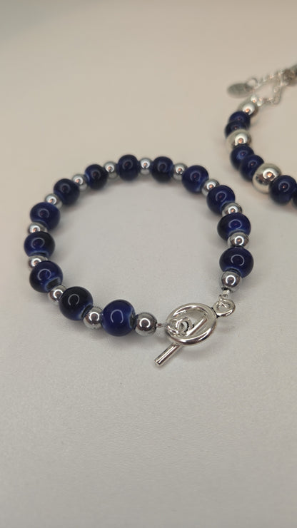 Midnight Leaf Necklace & Bracelet Set with deep blue beads and silver-tone leaves, view 7