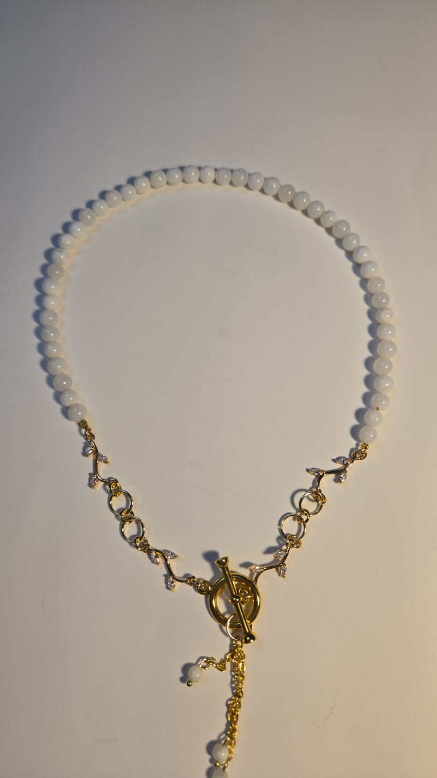 Close-up of White Agate Necklace highlighting bead details