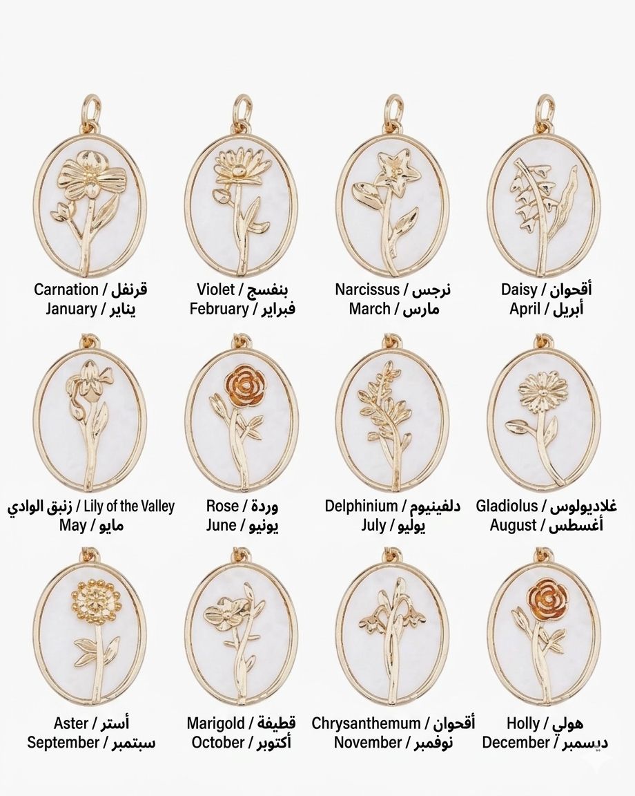 Birth flower necklaces displayed elegantly