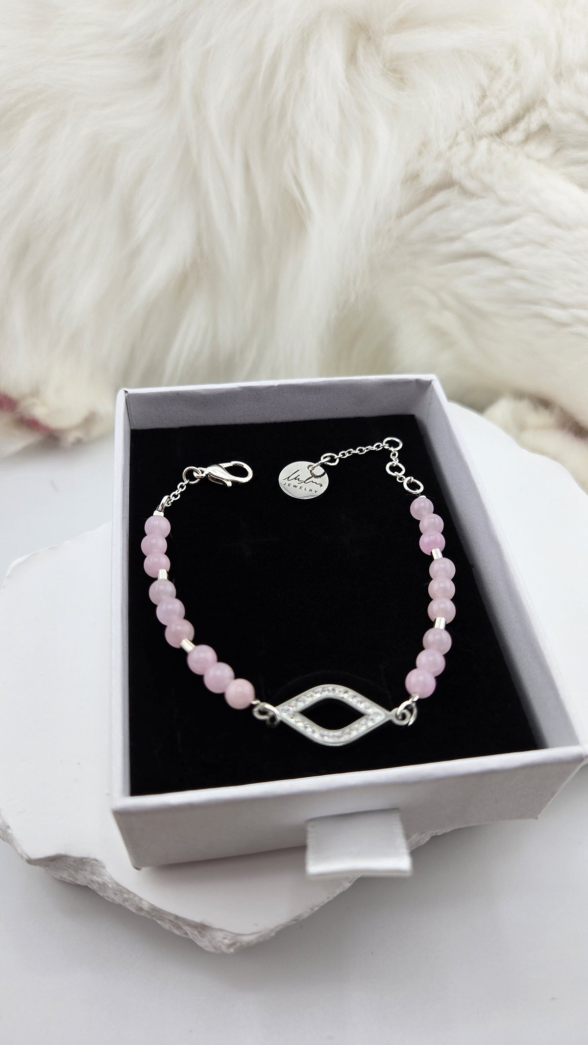 Ballet Marquise Tiger's Eye Bracelet with pink tiger's eye beads and silver-plated rhinestone marquise connector, shown in LuluTouch gift box