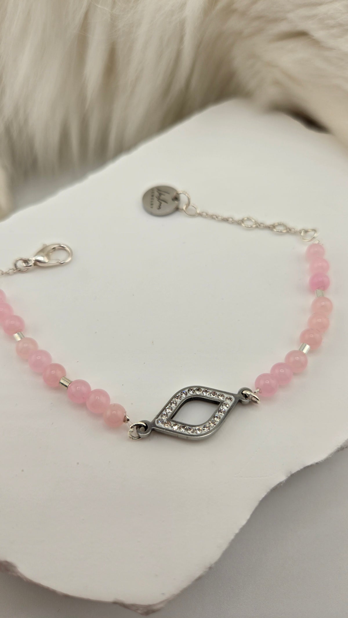 Ballet Marquise Tiger's Eye Bracelet with pink tiger's eye beads and silver-plated rhinestone marquise connector, view 3