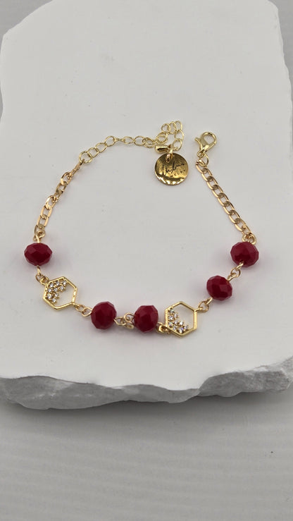 Bordeaux Hexagon Bracelet with deep red faceted beads and gold hexagon links
