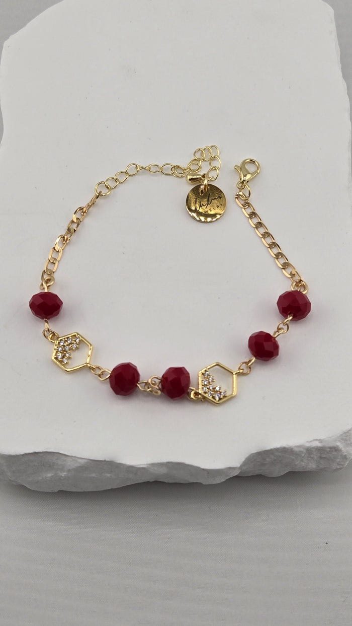 Bordeaux Hexagon Bracelet with deep red faceted beads and gold hexagon links