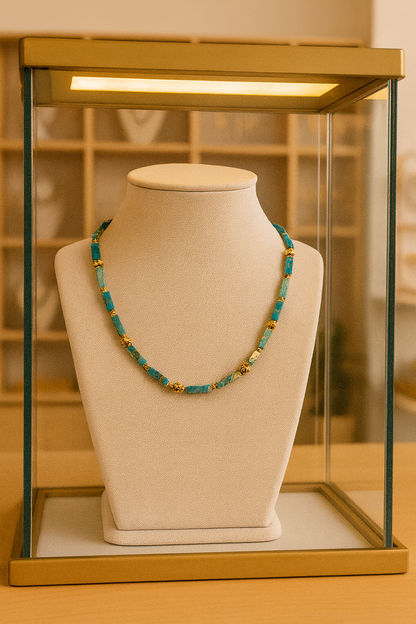 Ocean Whisper Necklace of turquoise-blue rectangular beads with gold-tone spacers