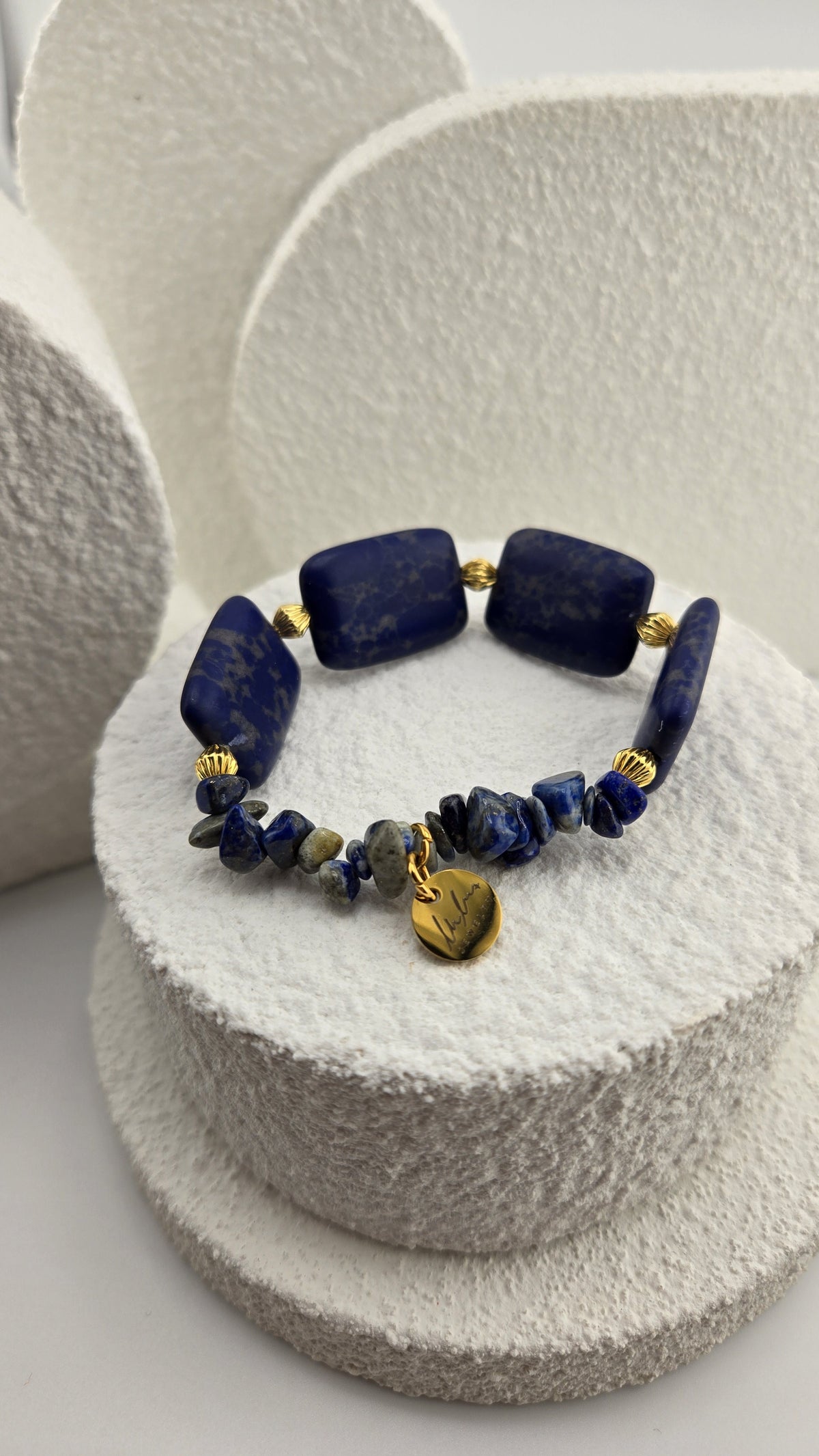 Cobalt Tile Bracelet, large matte blue rectangle beads with gold-plated spacers and a gold charm