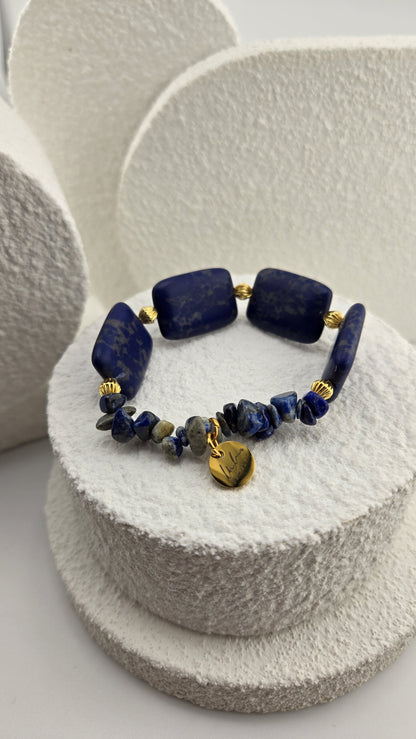Cobalt Tile Bracelet, large matte blue rectangle beads with gold-plated spacers and a gold charm