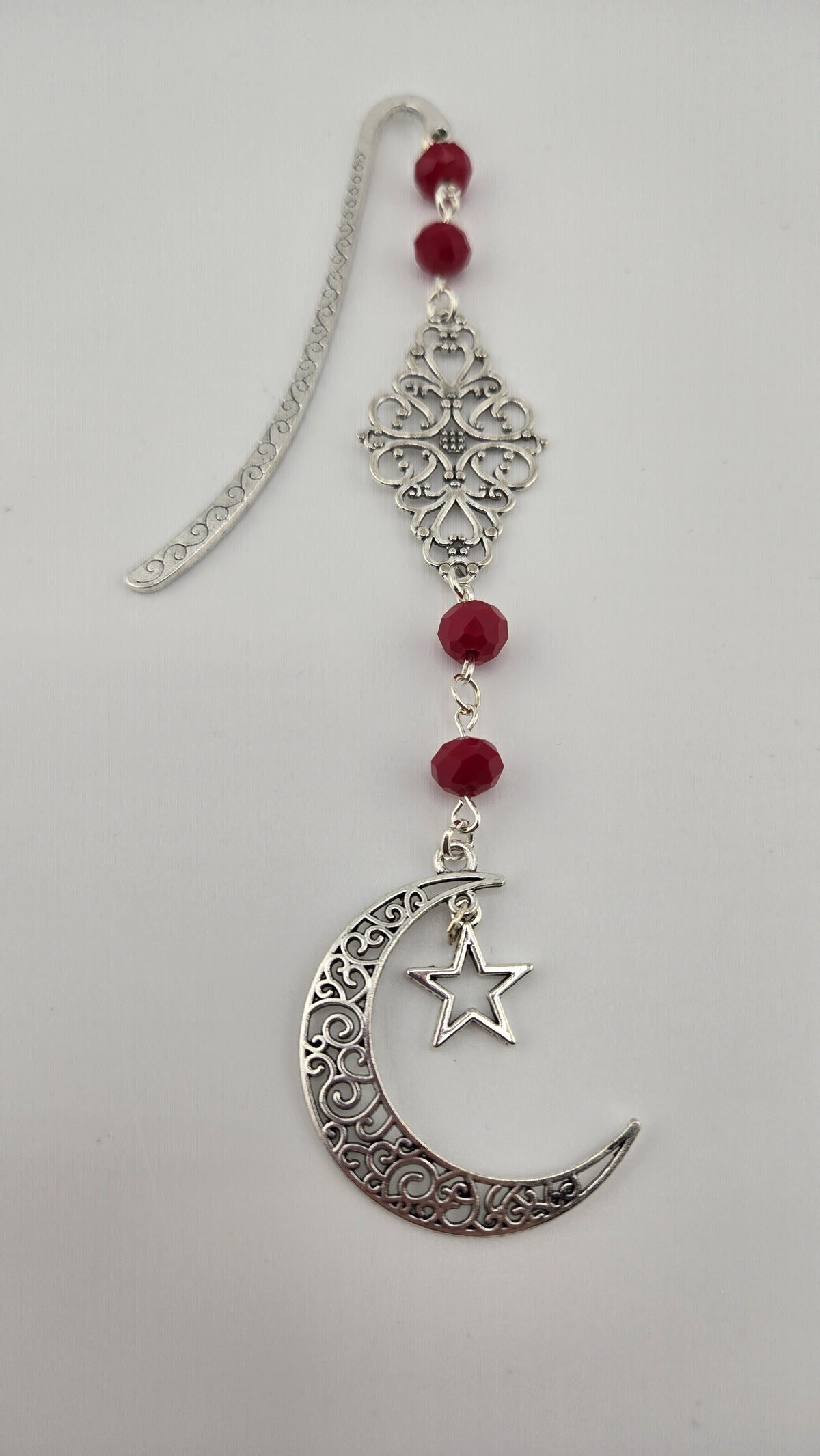 Layali Bookmark, Single Diamond design: silver-tone crescent and star with red beads