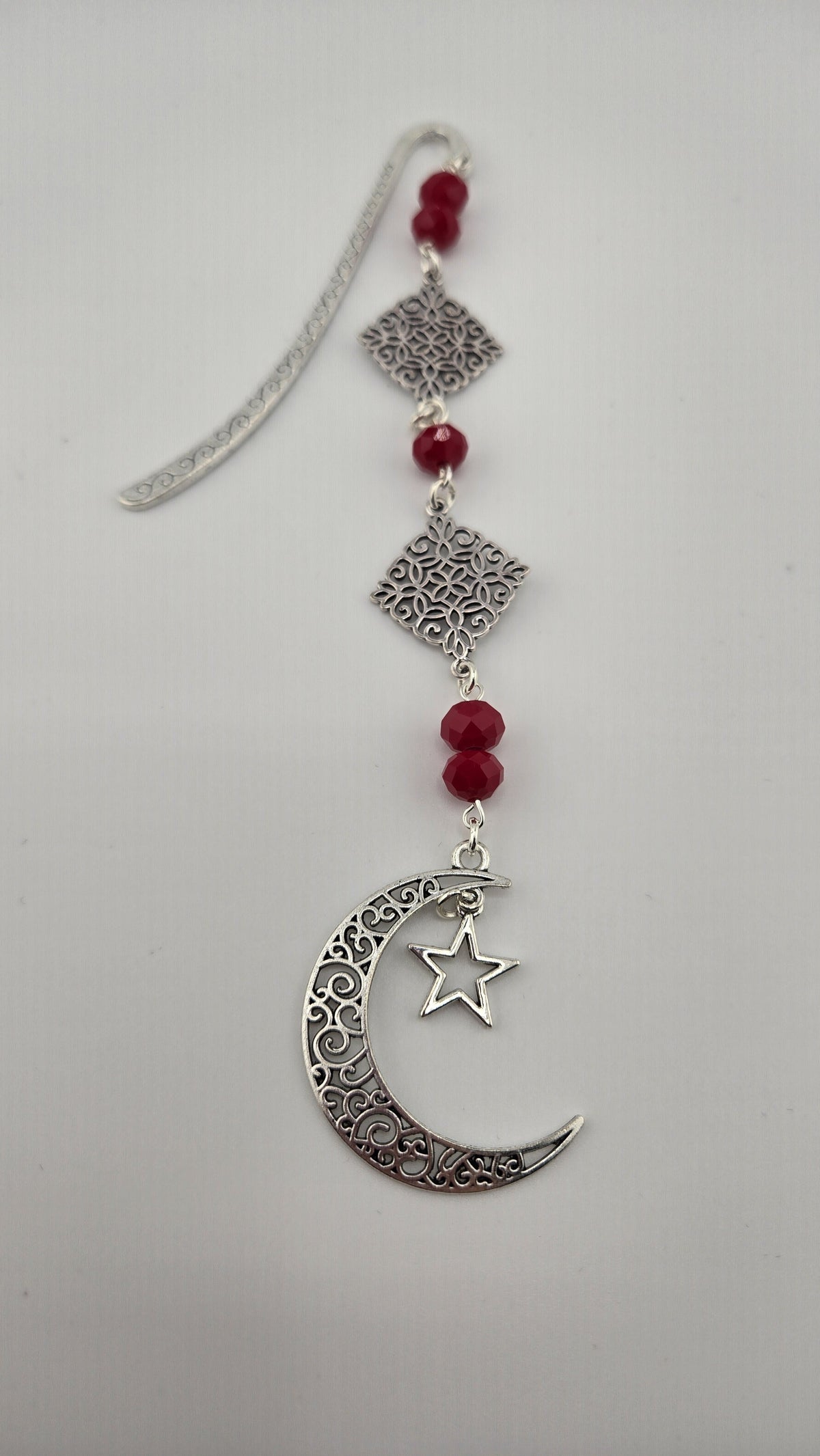 Layali Bookmark, Twin Squares design: silver-tone crescent and star with red beads