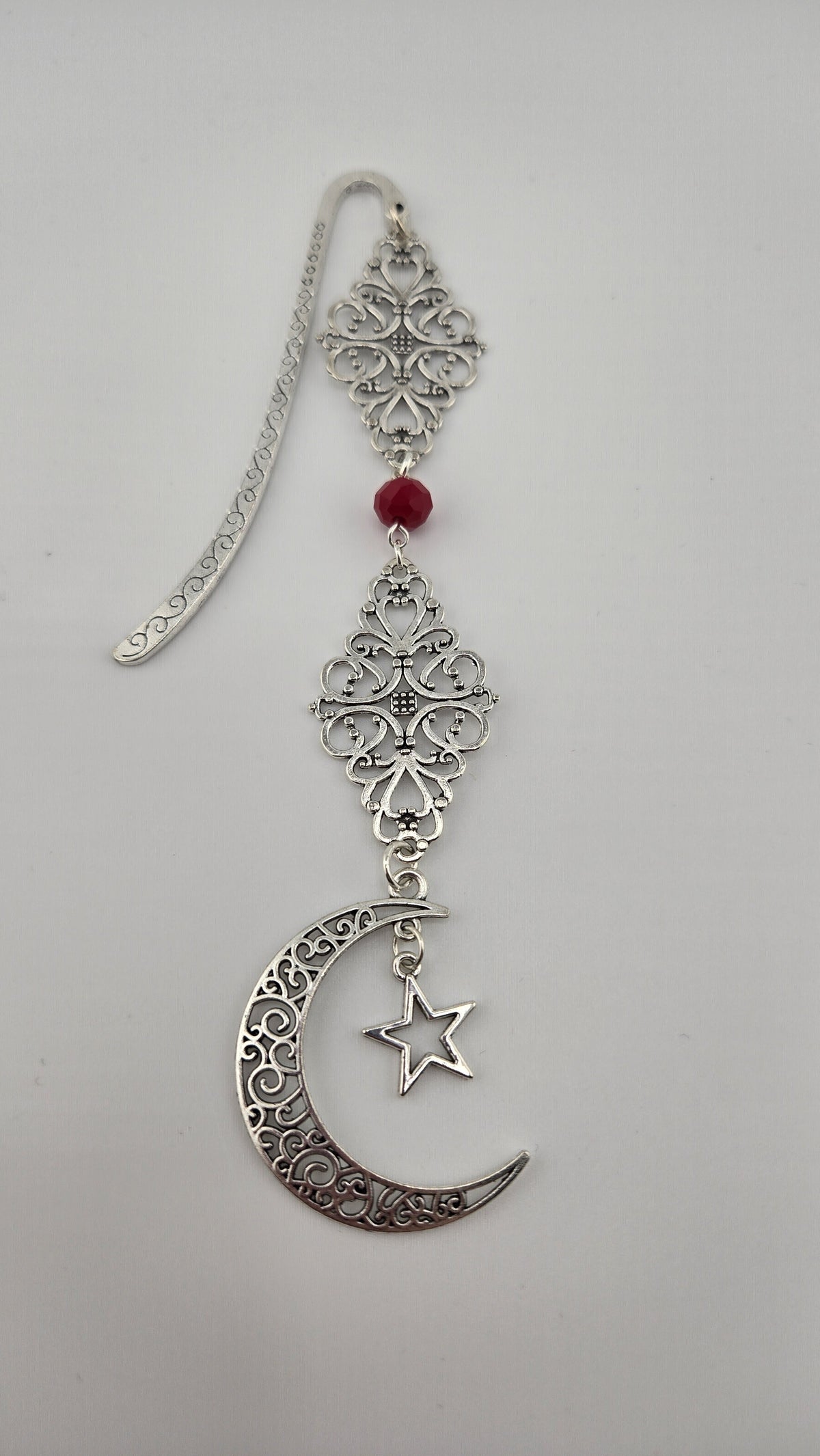 Layali Bookmark, Twin Diamonds design: silver-tone crescent and star with a red bead